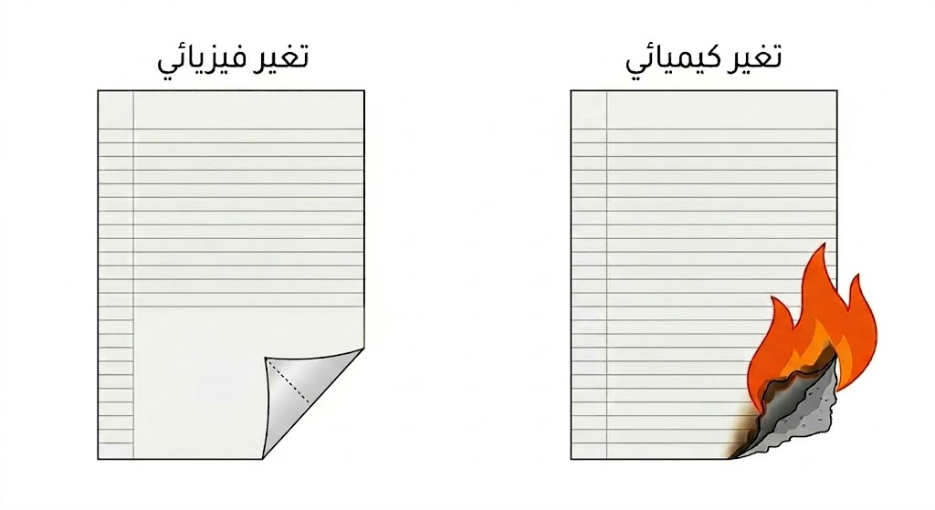 مقارنة بصرية بين التغير الفيزيائي في طي الورقة والتغير الكيميائي في احتراقها