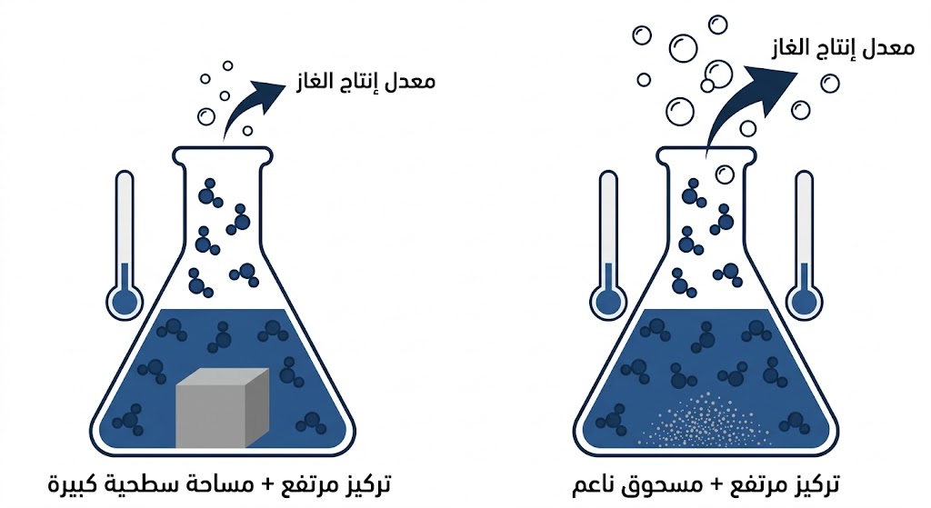 رسم يوضح كيف تزيد مساحة السطح والتركيز من معدل إنتاج الغاز في التفاعل